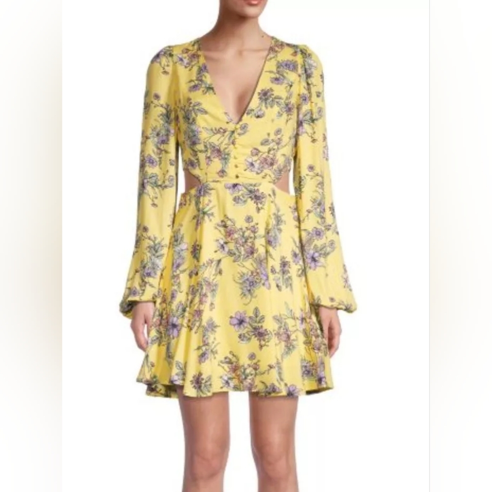 AFRM Yellow Floral Mini Dress with Purple Accents